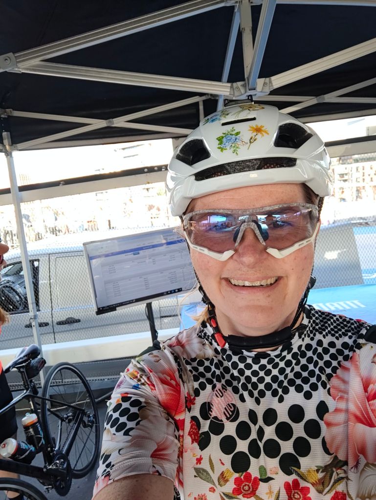 Claire in her bike helmet and kit at the rampage